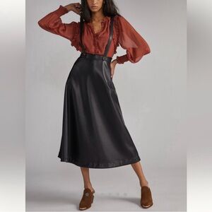 Anthropologie Faux Leather Midi Skirt with Suspenders Size 4